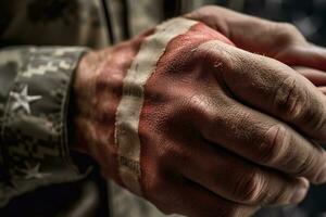 un cerca - arriba foto de un americano de soldado mano participación un doblada americano bandera, representando honor y sacrificio. generativo ai