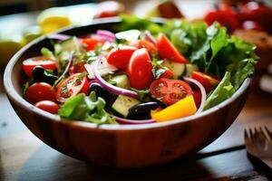 A close - up shot of a colorful salad bowl filled with a variety of fresh vegetables, fruits, and lean proteins. Generative AI photo