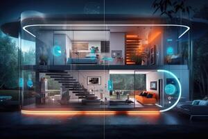 Photo of a futuristic smart home, showcasing automated systems and interconnected devices.