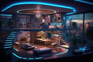 Photo of a futuristic smart home, showcasing automated systems and interconnected devices.