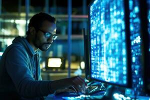 A scientist analyzing data on a computer in a research lab. Generative AI photo