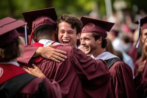 un sincero Disparo de un grupo de graduados abrazando y felicitando cada otro. generativo ai foto