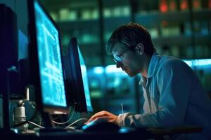 A scientist analyzing data on a computer in a research lab. photo