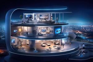 Photo of a futuristic smart home, showcasing automated systems and interconnected devices.