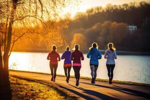 de cerca Disparo de varios Atletas corriendo a puesta de sol por el lago en el nacional parque. generativo ai foto