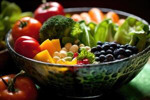 A close - up shot of a colorful salad bowl filled with a variety of fresh vegetables, fruits, and lean proteins. photo