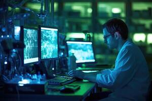 A scientist analyzing data on a computer in a research lab. photo