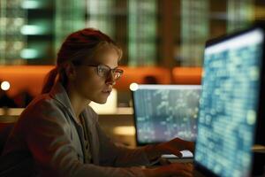 A scientist analyzing data on a computer in a research lab. Generative AI photo