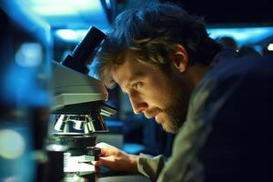 A close - up shot of a scientist peering through a microscope. Generative AI photo