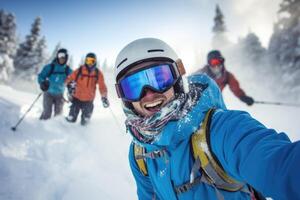 Photo of a group of friends skiing down a snowy slope, their faces filled with excitement and joy.