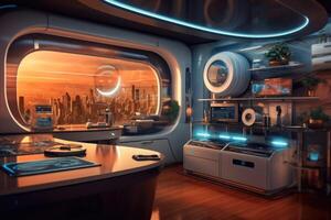 Photo of a futuristic smart home, showcasing automated systems and interconnected devices.