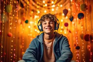 adolescente chico escuchando a música con divertido auriculares en su habitación a hogar. generativo ai foto