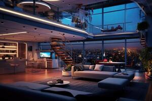 Photo of a futuristic smart home, showcasing automated systems and interconnected devices.