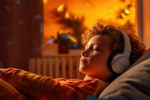 Adolescent boy listening to music with fun headphones in his room at home. Generative AI photo