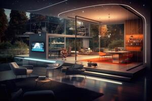 Photo of a futuristic smart home, showcasing automated systems and interconnected devices.