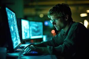 A scientist analyzing data on a computer in a research lab. photo