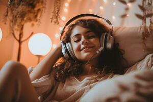 Adolescent girl listening to music with fun headphones in his room at home. Generative AI photo