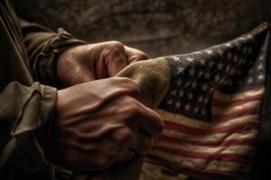 A close - up photo of an American soldier's hand holding a folded American flag, representing honor and sacrifice. Generative AI