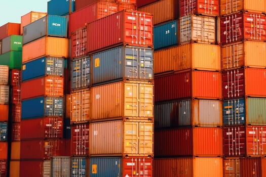 Close - up shot of a stack of shipping containers at a busy port, emphasizing the logistical aspect of cargo transportation. photo