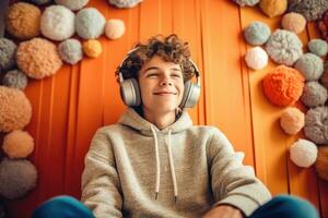 Adolescent boy listening to music with fun headphones in his room at home. Generative AI photo