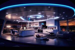 Photo of a futuristic smart home, showcasing automated systems and interconnected devices.