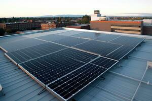 A shot of a solar panel installation on a rooftop. Generative AI photo