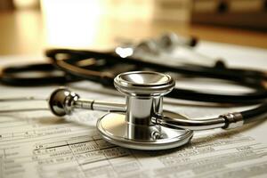 A close - up shot of a stethoscope and a clipboard with medical forms on a clean and sterile hospital table. Generative AI photo