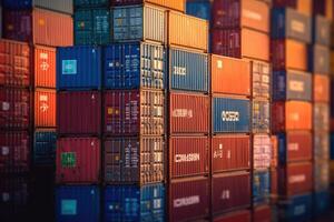 Close - up shot of a stack of shipping containers at a busy port, emphasizing the logistical aspect of cargo transportation. photo