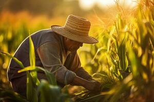 Photo of a hardworking farm laborer in a sunlit field, tending to the crops.  Generative AI