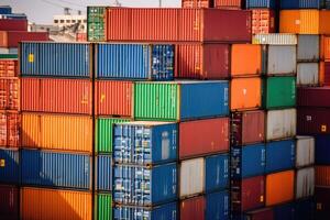 Close - up shot of a stack of shipping containers at a busy port, emphasizing the logistical aspect of cargo transportation. photo