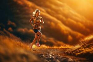 Close-up shot of female athlete running at sunset in national park. Generative AI photo
