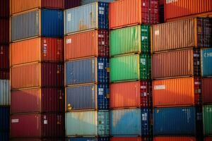 Close - up shot of a stack of shipping containers at a busy port, emphasizing the logistical aspect of cargo transportation. Generative AI photo