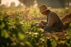 Photo of a hardworking farm laborer in a sunlit field, tending to the crops.  Generative AI