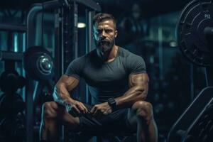 Handsome muscular man in gym posing. Generative AI photo