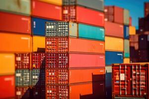 Close - up shot of a stack of shipping containers at a busy port, emphasizing the logistical aspect of cargo transportation. photo