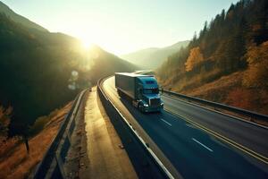 Low - angle shot of a cargo truck driving on a highway, capturing the power and scale of the vehicle. Generative AI photo