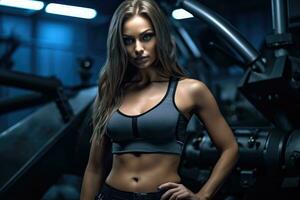 Beautiful muscular woman in gym posing. Generative AI photo