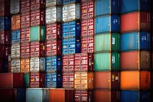 Close - up shot of a stack of shipping containers at a busy port, emphasizing the logistical aspect of cargo transportation. photo