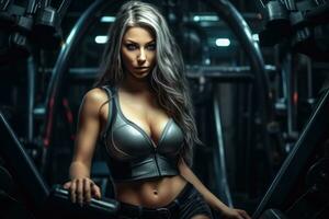 Beautiful muscular woman in gym posing. Generative AI photo