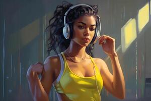 Young woman listening to music while flexing her muscles. Generative AI photo