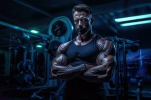 hermoso muscular hombre en gimnasio posando generativo ai foto