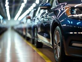 A close - up shot of a line of newly manufactured cars in a factory, showcasing their sleek and shiny exteriors. Generative AI photo