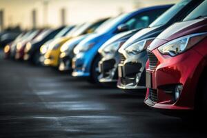 A close - up shot of a line of newly manufactured cars in a factory, showcasing their sleek and shiny exteriors. photo