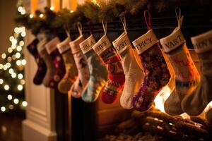 A close - up shot of a fireplace mantle adorned with a row of colorful and festive stockings. Generative AI photo