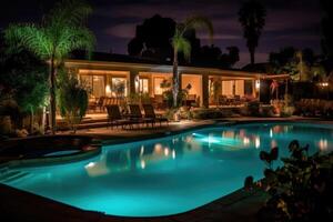 The vibrant atmosphere of a poolside party illuminated by colorful lights in a dynamic photo. photo
