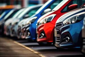 A close - up shot of a line of newly manufactured cars in a factory, showcasing their sleek and shiny exteriors. photo