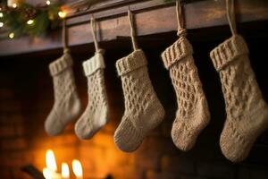 A close - up shot of a fireplace mantle adorned with a row of colorful and festive stockings. Generative AI photo