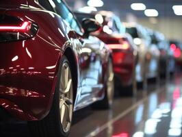 A close - up shot of a line of newly manufactured cars in a factory, showcasing their sleek and shiny exteriors. photo