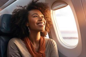 A photo of a joyful woman seated by the window on an airplane. Travel Concept.