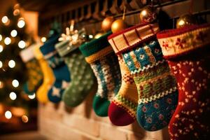 A close - up shot of a fireplace mantle adorned with a row of colorful and festive stockings. Generative AI photo